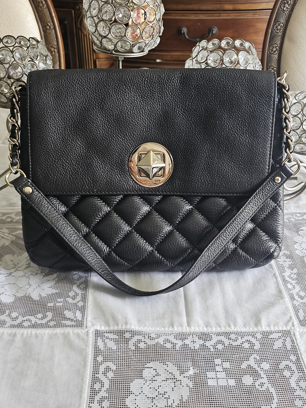 kate spade Black Quilted Leather Shoulder Bag with Gold-Tone Star Medallion
